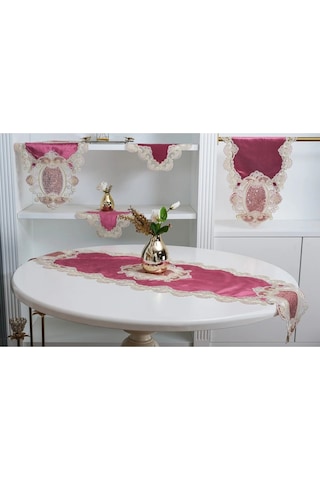 Aydan Aplikeli Güpürlü Kadife Pudra Salon Takımı 5 Parça 50x140 Cm 1453 Pudra
