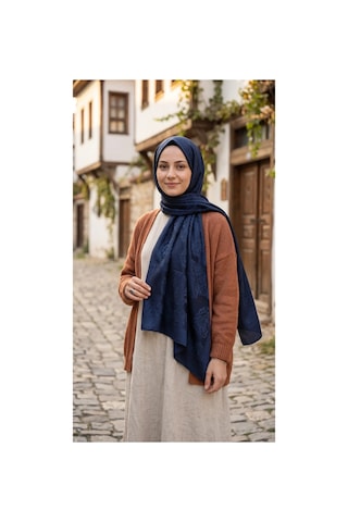 Nukra Jakarlı Pamuk Tesettür Şal Osmanlı Desen Lacivert 70 X 190 Cm
