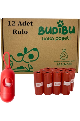 Budibu Köpek Kaka Poşeti Dışkı Torbası12 Rulo + Taşıma Çantası Kırmızı
