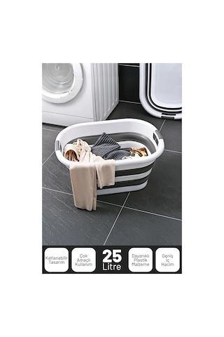 İronika Silikon Katlanabilir Çamaşır Sepeti Akordiyon Çok Amaçlı Sepet 25lt Gri Gri