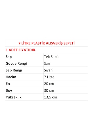 7 Litre Plastik Kozmetik Alışveriş El Sepeti Sarı 1 Adet / En:20 Boy:30 Yükseklik:13,5 Cm Sarı