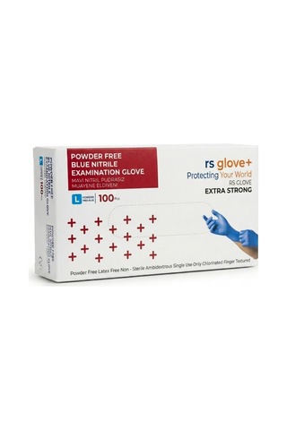 Rs Gloves Mavi Nitril Pudrasız Eksta Güçlü Muayene Eldiveni L Beden 100 Lü Non Steril
