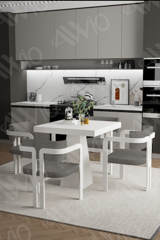 Avvio Bianco Lake Mdf Ayak Tokyo Demonte Sandalye 80x80 Yemek Masası Mutfak Masası 4 Kişilik Beyaz