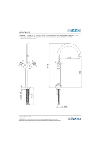 Eca Quadrille Yüksek Tip Lavabo Bataryası Altın 102808614