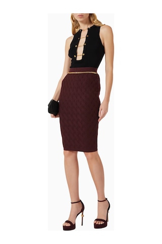Elisabetta Franchi Dokulu Triko, Zincir Ve Taş Detaylı Lüks Chain Accent Midi Etek Bordo