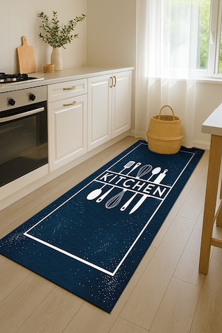 Turkıshrug Kıngdom Lacivert Kitchen Yazılı Halı Modern Dijital Baskılı Tasarım Çok Renkli