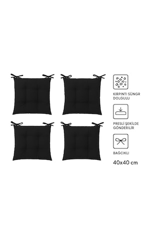 Rual 4 Lü Sandalye Minderi Bağcıklı, Çökme Yapmaz Sünger Dolgulu, Yıkanabilir 40x40 Cm Siyah Rual 4 Lü Sandalye Minderi Bağcıklı, Çökme Yapmaz Sünger Dolgulu, Yıkanabilir 40x40 Cm Siyah