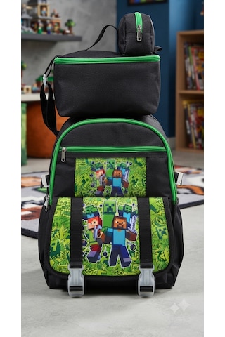 İlkokul 3 Lü Set Karekter Desenli Laptop Bölmeli Kalemlik,beslenme Çantalı Erkek Çocuk Okul Sırt Çantası 40 27 17 Cm Ebat siyah