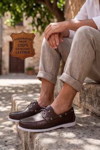 Nautical Hakiki Deri Kahverengi Kauçuk Anti Sararma Özellikli Taban Boat Shoe Loafer Makosen Cas... Beyaz - Kahverengi