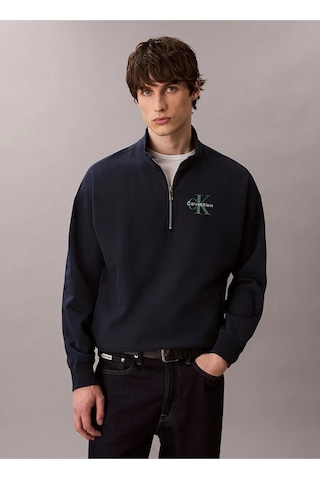 Calvin Klein Erkek Marka Logolu Pamuk Karışımlı Yarım Fermuarlı Şık Görünümlü Lacivert Sweatshirt Lv-11184 Lacivert