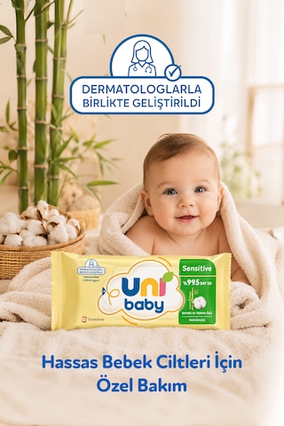 Uni Baby Sensitive Bambu & Pamuk Özlü Islak Bebek Mendil 12x50 600 Yaprak 12'li Set