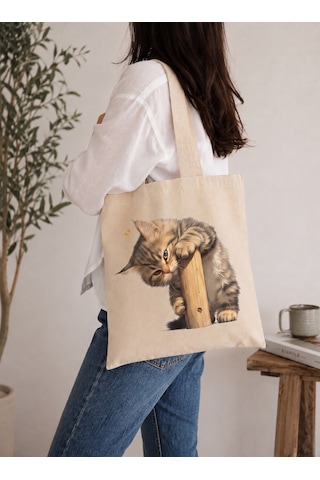 Lunora Collectıon Sevimli Kedi Baskılı Ham Bez Çanta Ham Renk