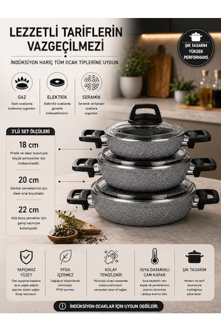 Stone 6 Parça Granit Ezme Cam Kapaklı Sahan Omlet  Seti Gri 18/20/22 Cm Yapışmaz