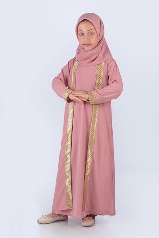 Eşarplı Ferace Medine İpek Kumaş Kız Çocuk Pembe