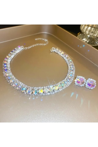 Kristal Kolye & S925 Gümüş Çivili Küpe Çok Renkli