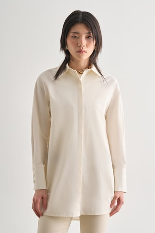 Mizalle Premium Saf Pamuk Kalın Manşetli Oversize Beyaz Gömlek Beyaz