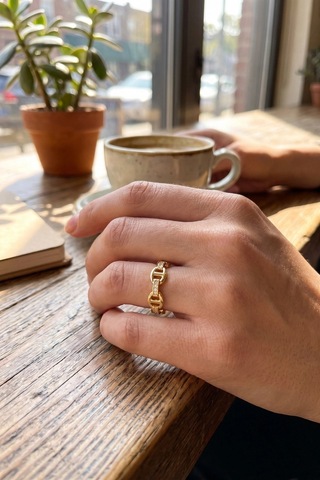 Mey İthalat Gold Renk Gemi Zincir Model Zirkon Taşlı Kadın Yüzük Açık Kahverengi