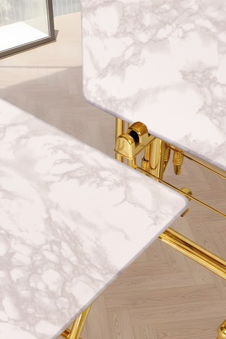 Eranş Serisi 4'lü Katlanır Mdf Mebran Ahşap Çanta Zigon Sehpa Gold Ayak Beyaz Mermer Desen Gold Ayak