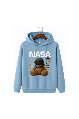 Kokina 3 İplik Penye Unisex Nasa Ayıcık Baskılı Kapüşonlu Sweatshirt Bebe Mavisi