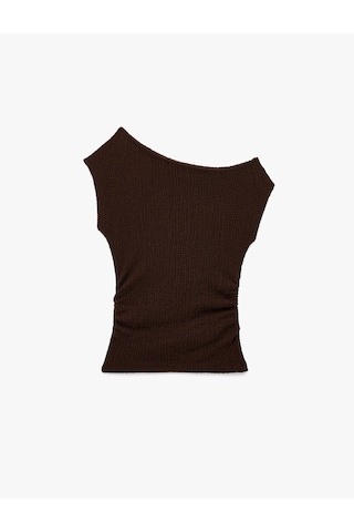 Koton Bürümcük Kumaş Drape Detaylı Asimetrik Kayık Yaka Kolsuz Bluz Kahverengi 6wak10205ek Kahve