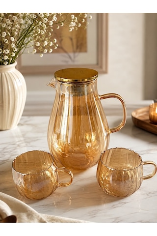 Qerhome Isıya Dayanıklı Amber Borosilikat Cam Sürahi Seti-1800 Ml Sürahi 2 Adet Kulplu Bardak Takımı Dr