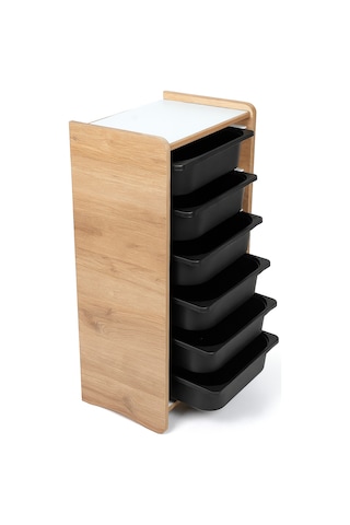 Montessori Mdf Oyuncak Dolabı 6 Siyah Plastik Çekmeceli Ceviz