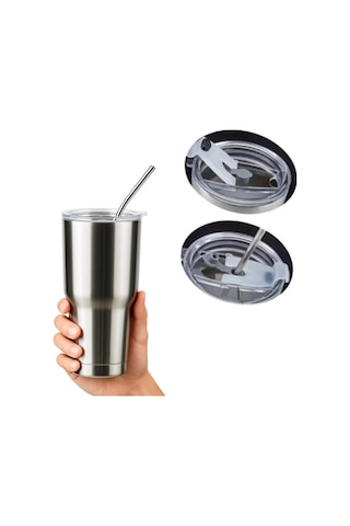 Perlotus 900 Ml Çelik Pipetli Soğuk İçecek Termosu Mug Sızdırmaz Kapaklı Gri