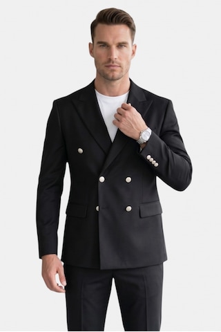 Deep Sea Deepsea Erkek Siyah Slim Fit Kruvaze Takım Elbise Likralı Çizgili Dokulu Metal Düğmeli 2600820