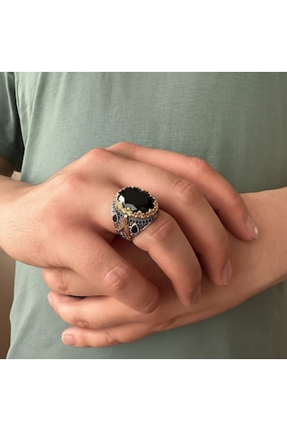 Gümüş Mavi Mikro Oval Siyah Zirkon Taşlı Erkek Yüzük