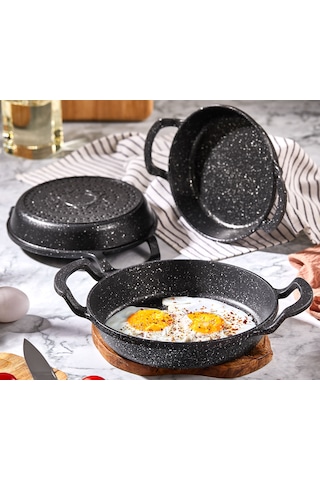 3'lü Döküm Granit Sahan Seti, Tava Seti-18cm-20cm-22 Cm İç Caplar Siyah