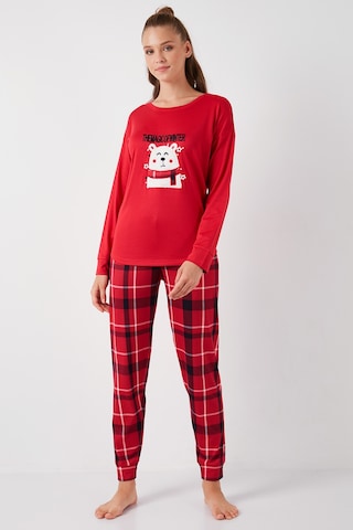 Lela Streç Standart Fit Bisiklet Yaka Desenli Bayan Pijama Takımı 6095700 Kırmızı