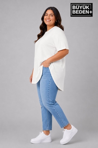 Superlife Büyük Beden Kadın Bisiklet Yaka Basic Oval Etek Detalylı 3xl-6xl Uzun Tunik Spr26btsk502 Ekru