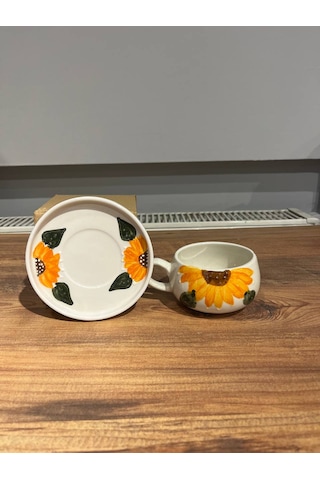 Sarı Çiçek Des Seramik Kupa Mug, Double Türk Kahvesi Filtre Kahve