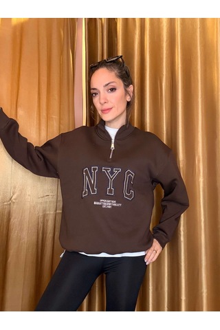 Ali Butik Kahve Nyc Nakışlı Şardonlu Sweatshirt Kahve