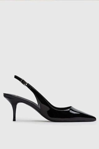 Castle Black Black Suede Studio Kadınlar Için Şık Pointy Toe Slingback Pompa - Patent Deri Ve Kedi Topuk Topuklu Ayakkabı Siyah 38