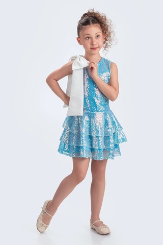 Etekli Şık Elbise Pullu 3 Kat Turkuaz