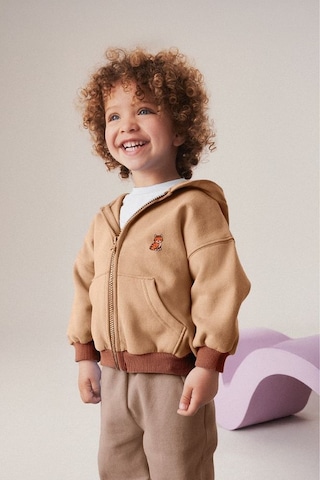 Luess Unisex Çocuk Kedi Nakışlı Fermuarlı Kapüşonlu Hırka Bej