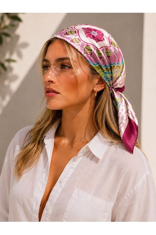 Kumru Studio Pembe Çiçek Desenli Renkli Bandana Ve Fular
