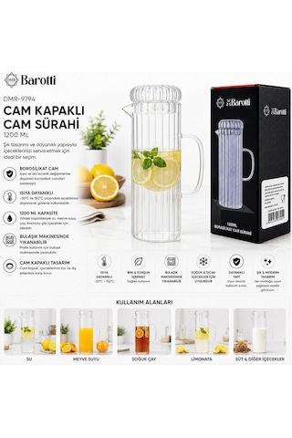 Barotti Dmr-9794 Cam Kapaklı Borosilikat Cam Sürahi 1200 Ml- 12'li Paket