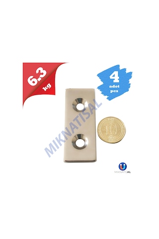 50X20X3Mm (10X5Mm) 2 Havşalı Güçlü Neodyum Mıknatıs 4 Adet