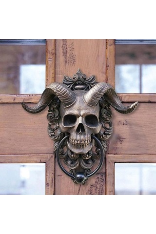 Pazly Şeytan Boynuzlu Kafatası Asılı Tokmağı, Ağır Hizmet Gotik Ev Dekorasyonu, Reçine, Bronz, 10.5x3x13cm