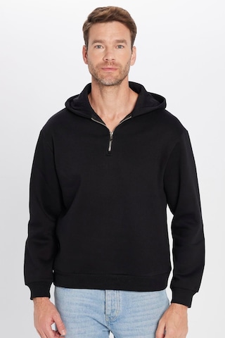 Tudors Unisex Relax Fit Rahat Kesim Pamuklu İçi Polarlı Yarım Fermuarlı Siyah Kapüşonlu Sweatshirt-32459 Siyah