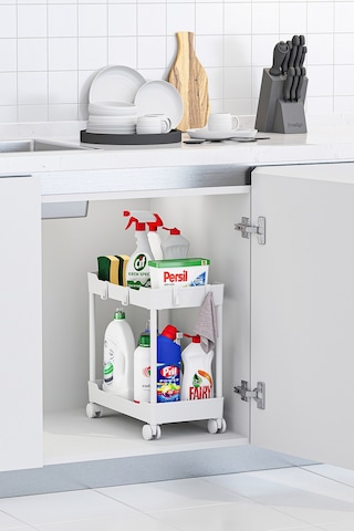 2 Adet Beyaz 2 Katlı Tekerlekli Düzenleyici Mutfak Ve Banyo Rafı