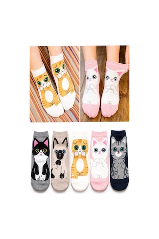 Worthy Socks 5'li Kedi Desenli Yüksek Kaliteli Renkli Patik Bilek Çorap
