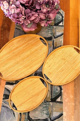 Makri Home Bambu Oval 3'lü Tepsi Seti. Küçük Tepsi: 20x29 Cm. Orta Tepsi: 26x36 Cm. Büyük Tepsi: 31x45 Cm Ahşap