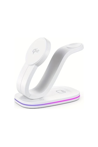 Topshop1 Beyaz Qi2 Manyetik Kablosuz Sarj Cihazi 3u 1 Arada Kuğu Tasarimli İphone Uyumlu 16 15 14 13 12 Watch Airpods Pro 4 3 2 Icin 18w Renkli Led