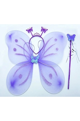 Lila Mor Kelebek Kız Seti - 50 Cm Kelebek Kanadı, Taç Ve Asa +3
