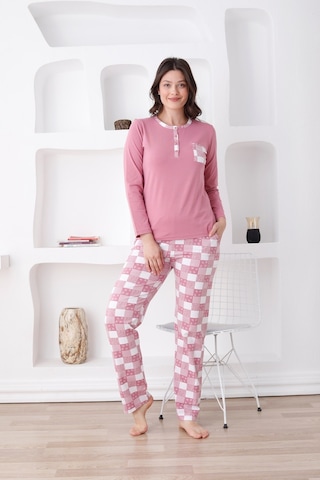 Ekoseli Kadın Pijama Takımı - 3 Düğmeli Uzun Kollu Likralı Penye Cepli Alt Gül Kurusu