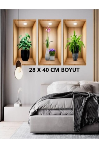 Stıcker 3d Duvar Stıckerı Ev Balkon Üç Boyutlu Üçlü Set Yapışkan Çiçek Vazo Tablo Görünümlü Yapışkanlı Etiket Kahverengi