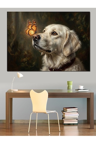 Kelebekli Beyaz Köpek Dostluğu Tablosu Dekoratif Kanvas - Mdf Ahşap Tablo